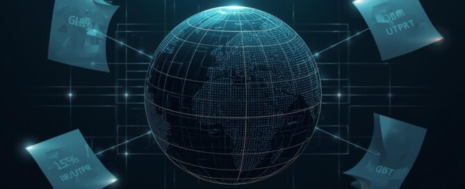 Abstrakter Globus mit Compliance-Karten: GloBE, 15 % und Meldefristen