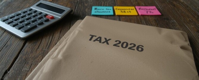 Mappe ‚Steuer 2026‘ mit Notizen zu Grundfreibetrag, Pendlerpauschale und 7 %